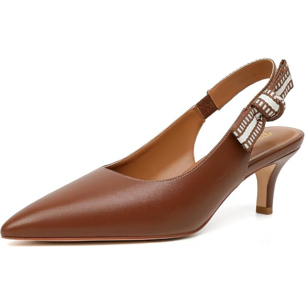 Women's Brown Leather High Kitten Heel Shoes Closed Pointed Toe Dress Pumps